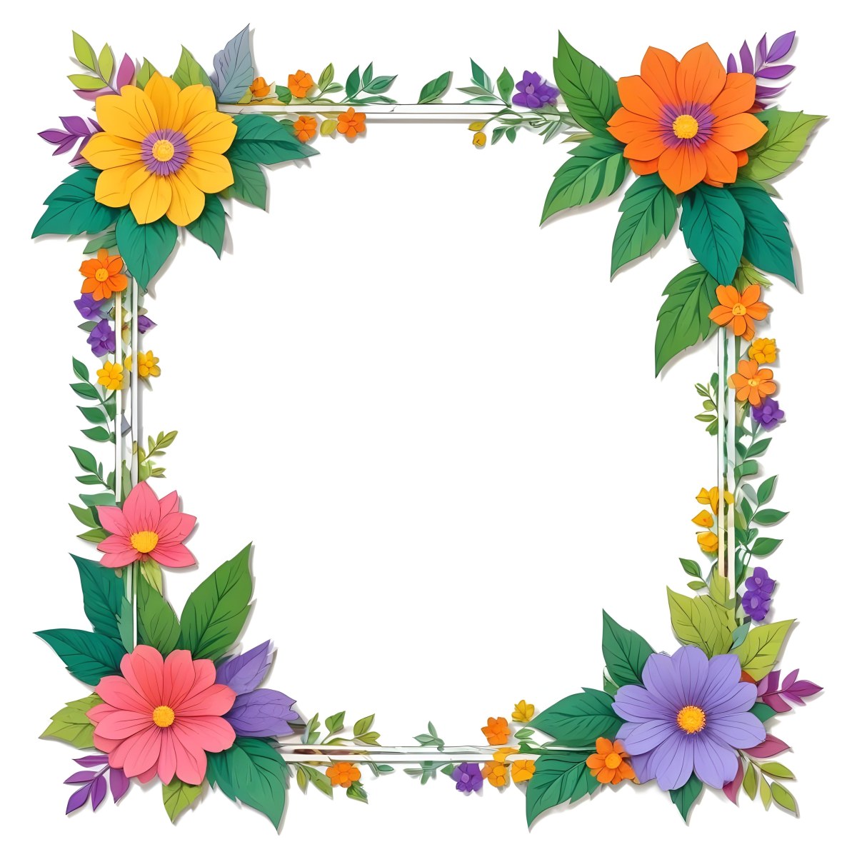 A Decorative Frame With Colorful Paper Flowers In Various Shapes And Sizes Including White Blooms Surrounded By Green Leaves Against A White Background 475 F3bf