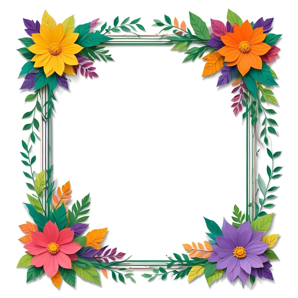 A Decorative Frame With Colorful Paper Flowers In Various Shapes And Sizes Including White Blooms Surrounded By Green Leaves Against A White Background 536 9cbf