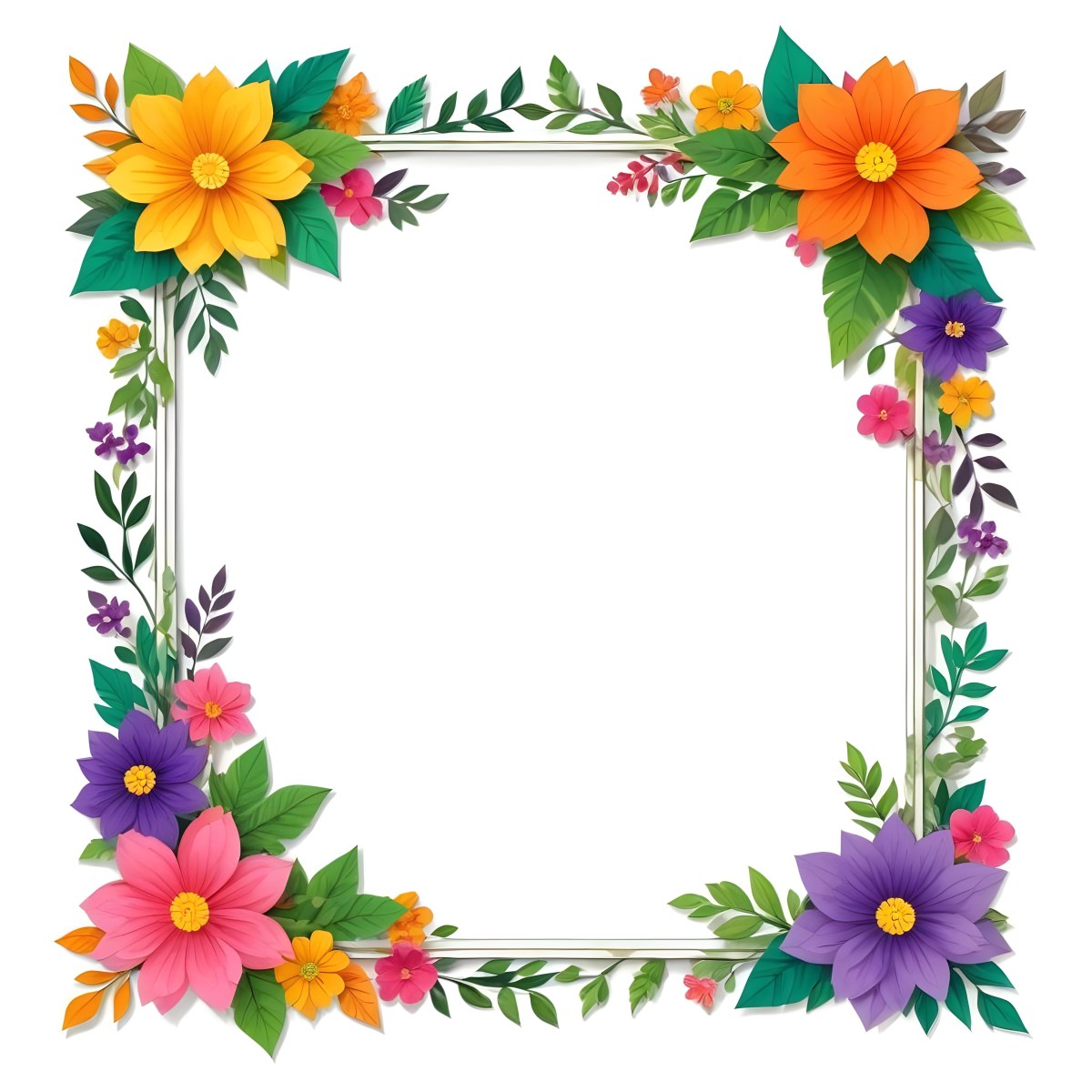 A Decorative Frame With Colorful Paper Flowers In Various Shapes And Sizes Including White Blooms Surrounded By Green Leaves Against A White Background 537 122e