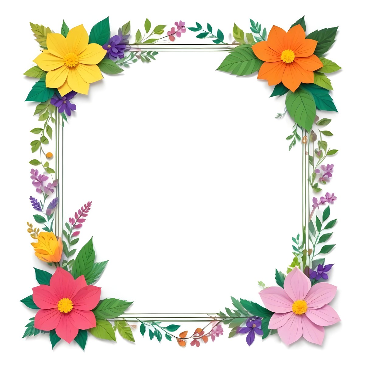 A Decorative Frame With Colorful Paper Flowers In Various Shapes And Sizes Including White Blooms Surrounded By Green Leaves Against A White Background 541 380e