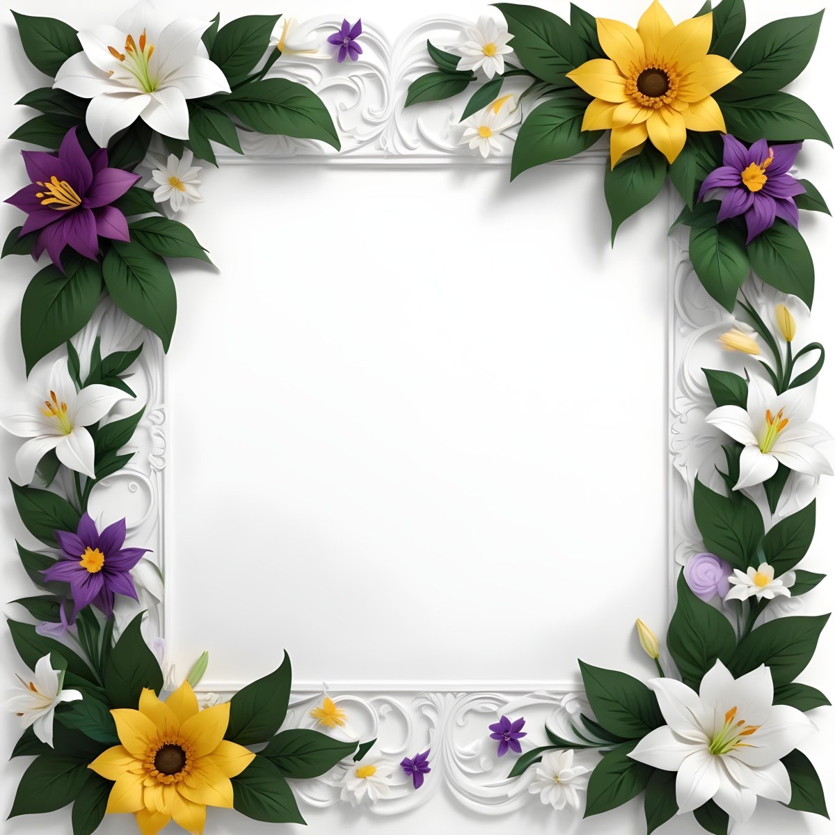 A Decorative Frame With Colorful Paper Flowers In Various Shapes And Sizes Including White Blooms Surrounded By Green Leaves Against A White Background 57 E25b