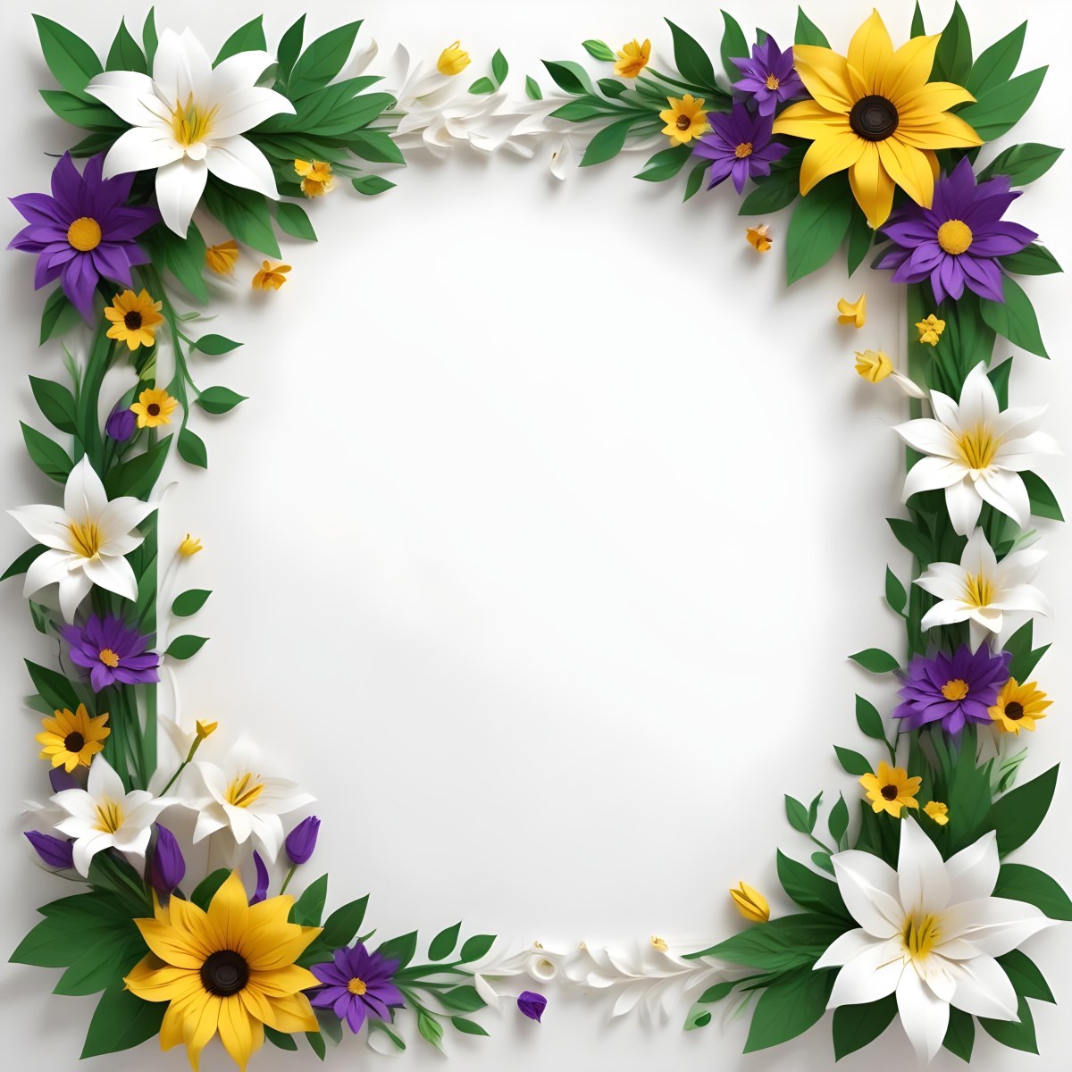 A Decorative Frame With Colorful Paper Flowers In Various Shapes And Sizes Including White Blooms Surrounded By Green Leaves Against A White Background 62 C85b