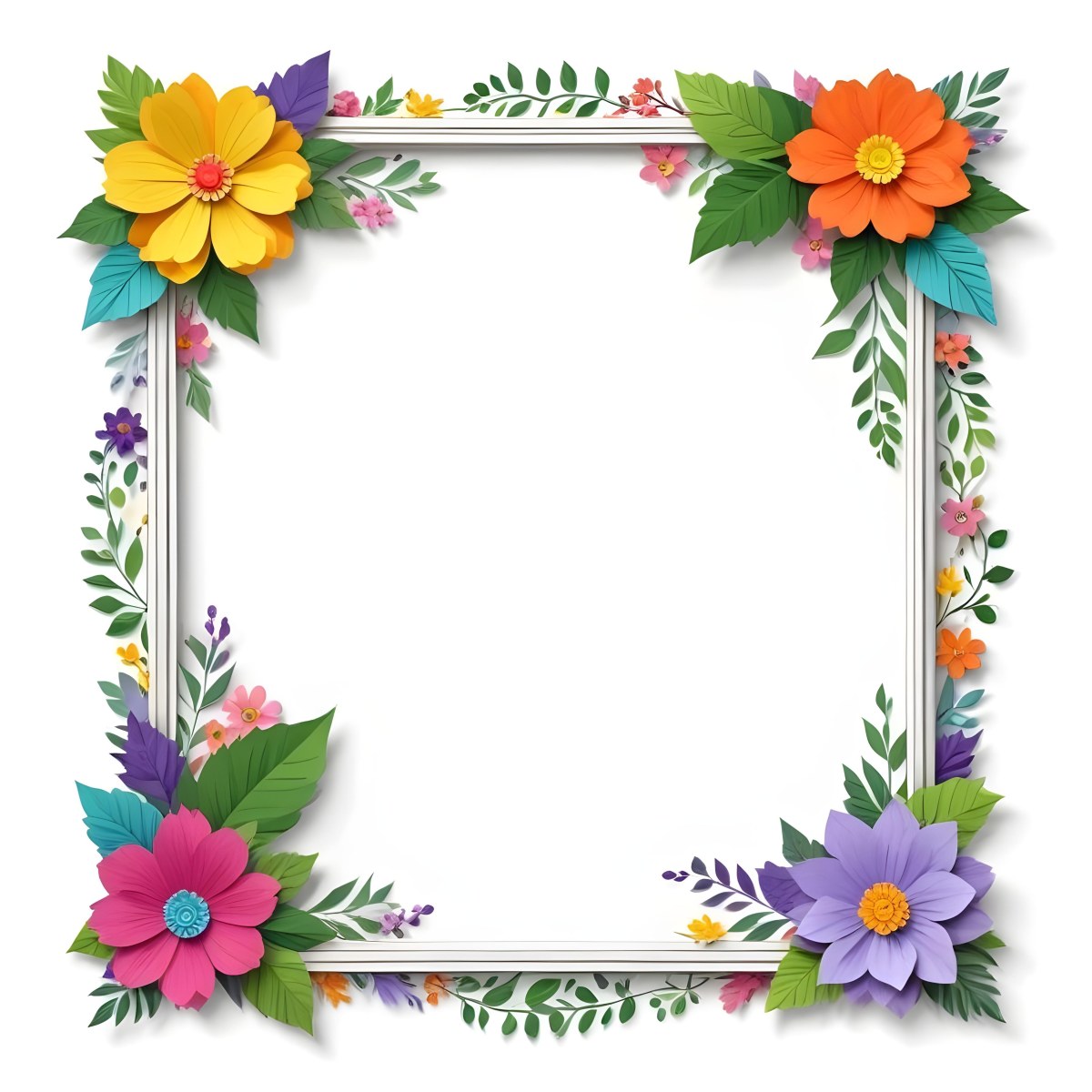 A Decorative Frame With Colorful Paper Flowers In Various Shapes And Sizes Including White Blooms Surrounded By Green Leaves Against A White Background 8 C25d