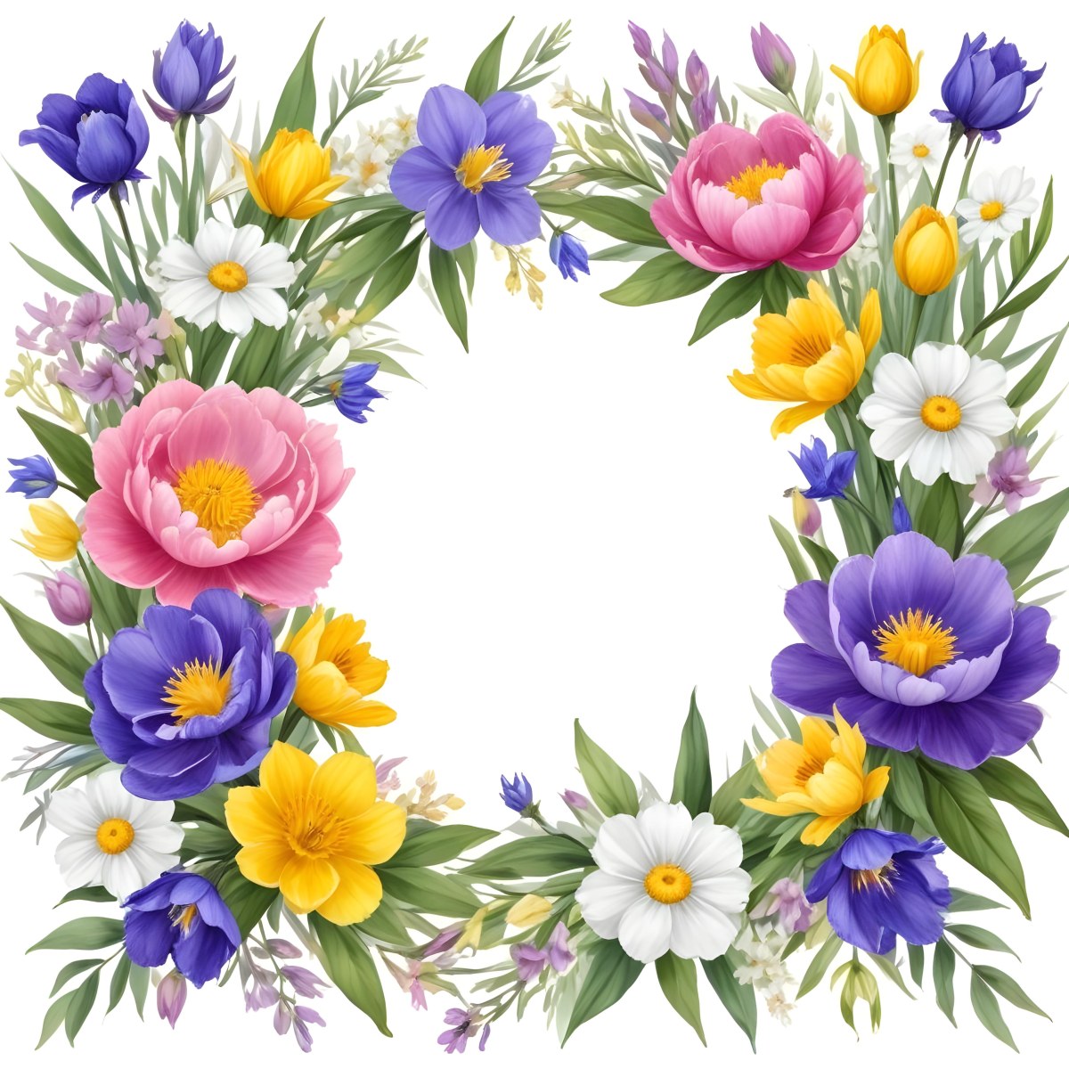 A Decorative Frame With Colorful Paper Flowers In Various Shapes And Sizes Including White Blooms Surrounded By Green Leaves Against A White Background 80 5e09