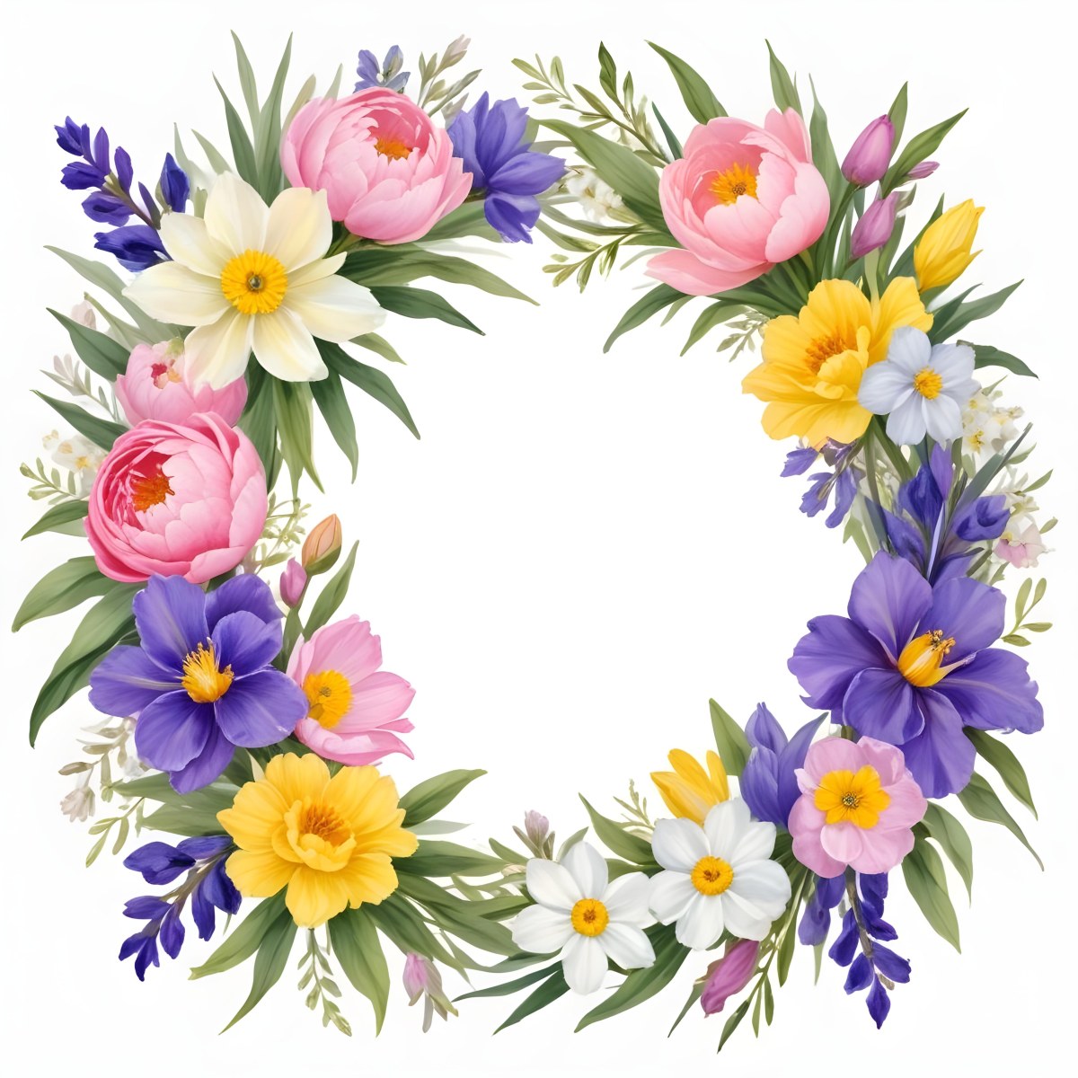 A Decorative Frame With Colorful Paper Flowers In Various Shapes And Sizes Including White Blooms Surrounded By Green Leaves Against A White Background 83 9884