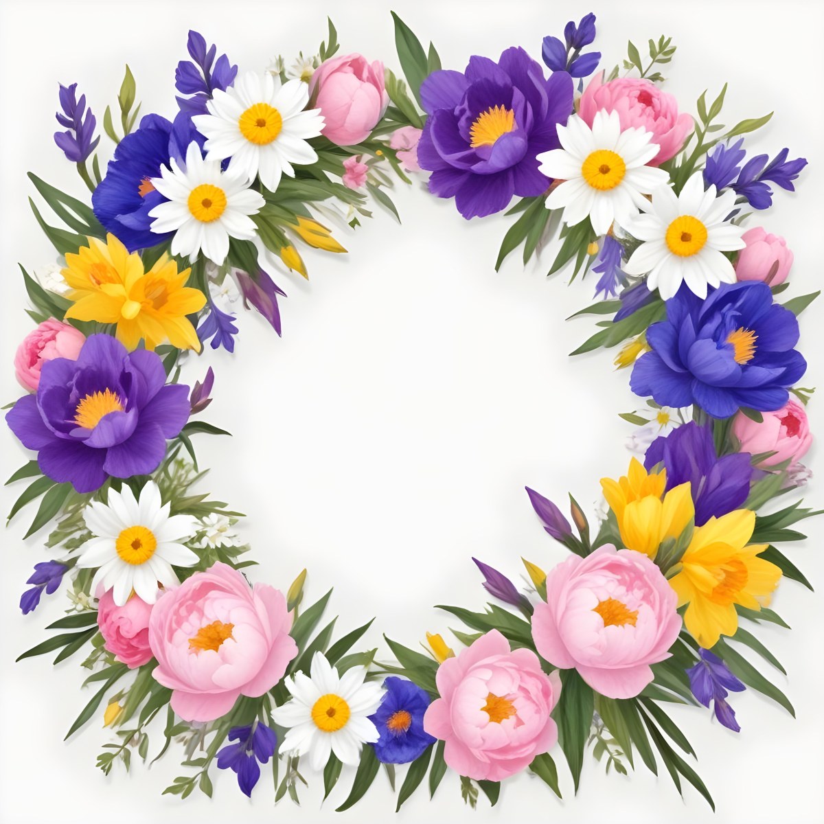 A Decorative Frame With Colorful Paper Flowers In Various Shapes And Sizes Including White Blooms Surrounded By Green Leaves Against A White Background 85 Ab85
