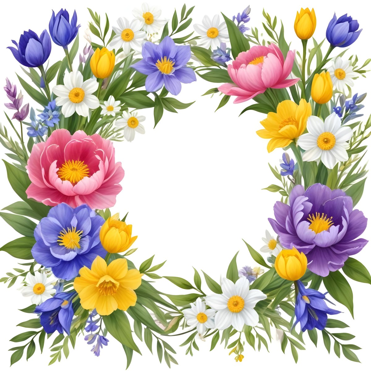 A Decorative Frame With Colorful Paper Flowers In Various Shapes And Sizes Including White Blooms Surrounded By Green Leaves Against A White Background 88 0d09