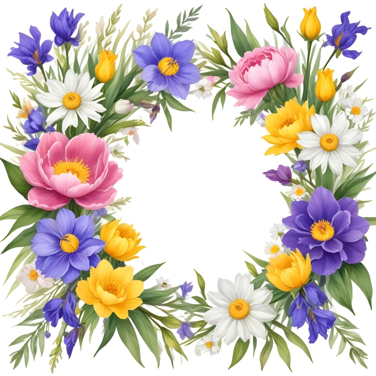 A Decorative Frame With Colorful Paper Flowers In Various Shapes And Sizes Including White Blooms Surrounded By Green Leaves Against A White Background 89 49c3
