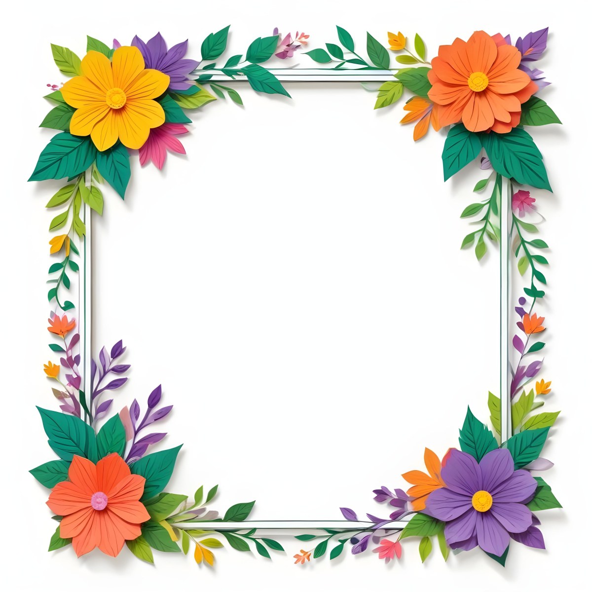 A Decorative Frame With Colorful Paper Flowers In Various Shapes And Sizes Including White Blooms Surrounded By Green Leaves Against A White Background 9 A969