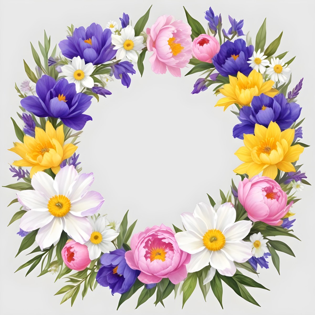 A Decorative Frame With Colorful Paper Flowers In Various Shapes And Sizes Including White Blooms Surrounded By Green Leaves Against A White Background 91 6eef