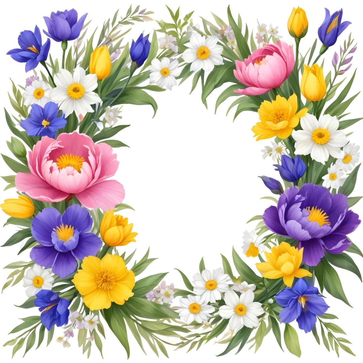 A Decorative Frame With Colorful Paper Flowers In Various Shapes And Sizes Including White Blooms Surrounded By Green Leaves Against A White Background 92 40cd