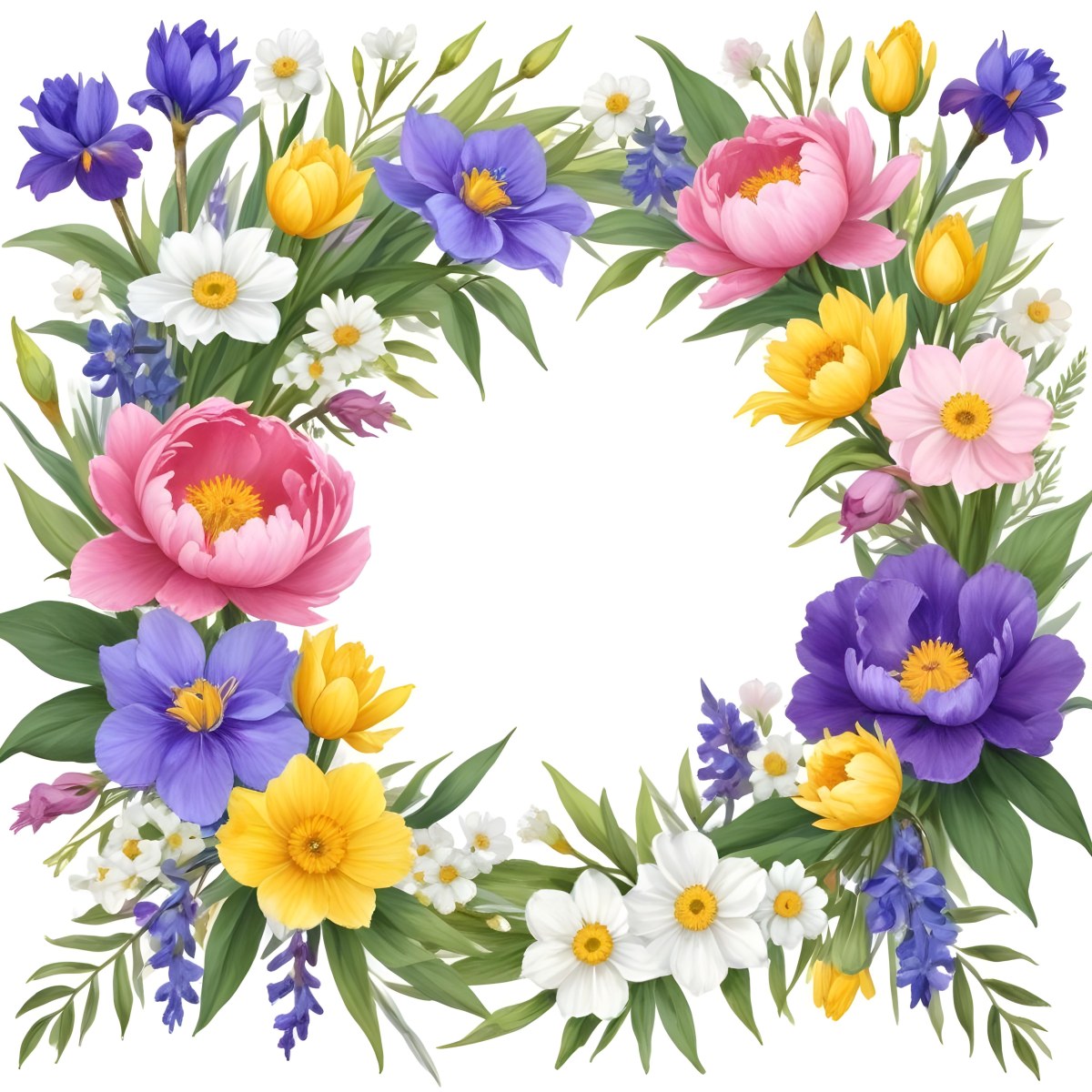 A Decorative Frame With Colorful Paper Flowers In Various Shapes And Sizes Including White Blooms Surrounded By Green Leaves Against A White Background 94 4f6d