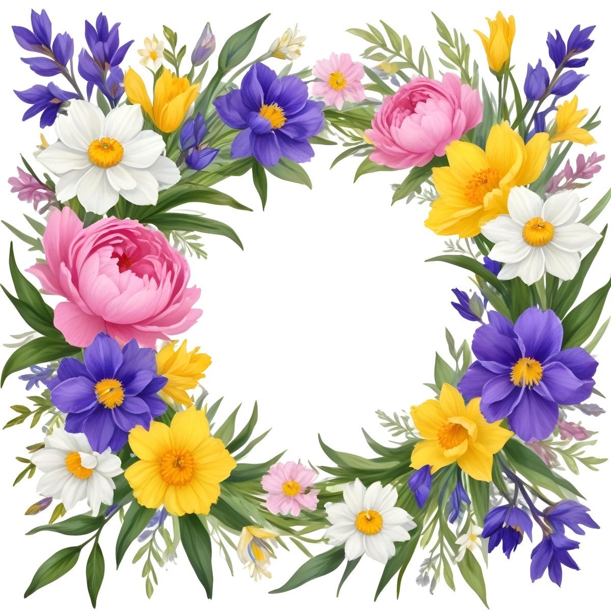 A Decorative Frame With Colorful Paper Flowers In Various Shapes And Sizes Including White Blooms Surrounded By Green Leaves Against A White Background 95 4e29