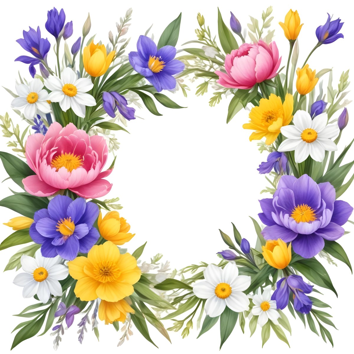 A Decorative Frame With Colorful Paper Flowers In Various Shapes And Sizes Including White Blooms Surrounded By Green Leaves Against A White Background 96 6e43