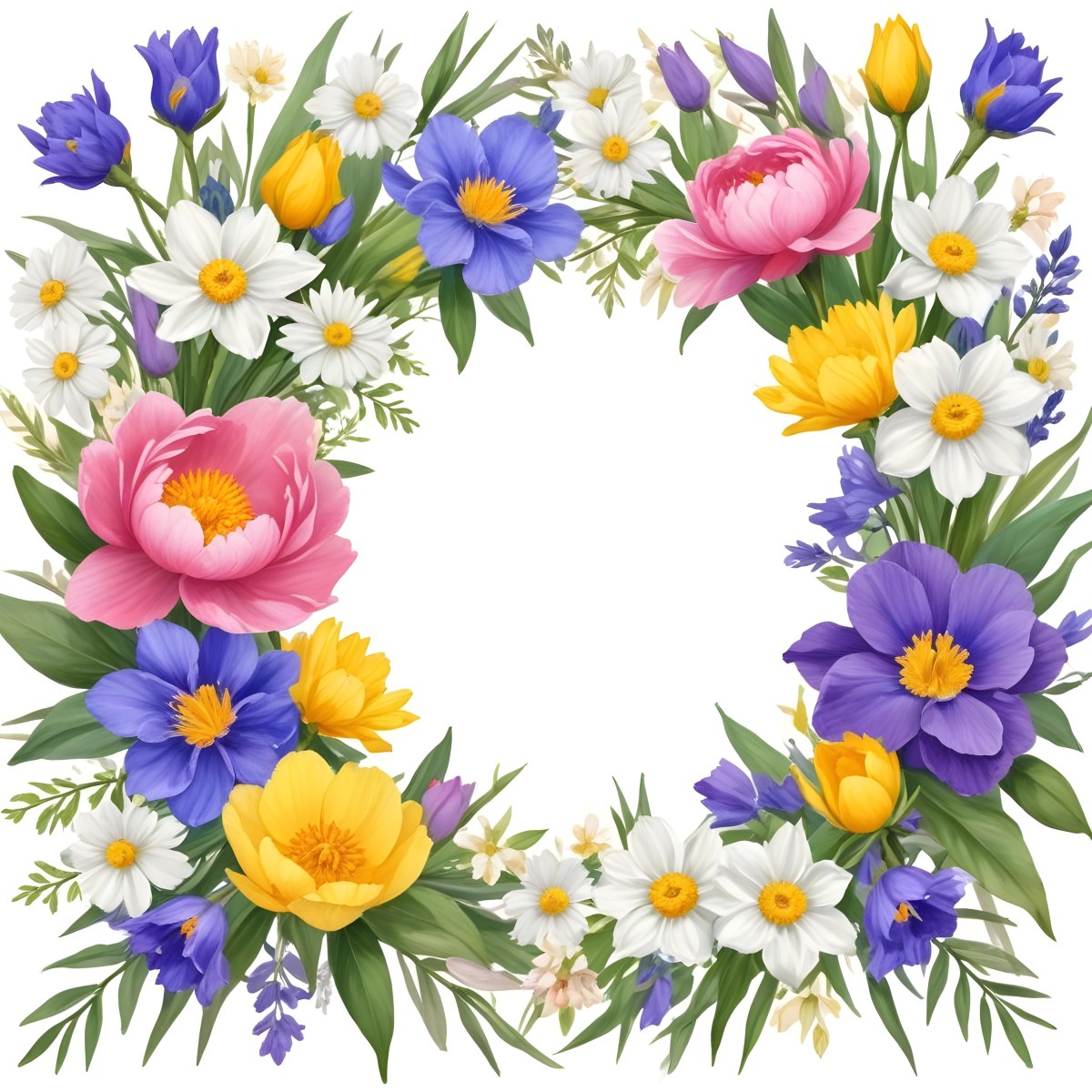 A Decorative Frame With Colorful Paper Flowers In Various Shapes And Sizes Including White Blooms Surrounded By Green Leaves Against A White Background 97 Cac9