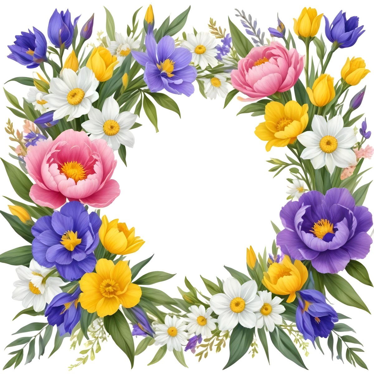 A Decorative Frame With Colorful Paper Flowers In Various Shapes And Sizes Including White Blooms Surrounded By Green Leaves Against A White Background 98 0406