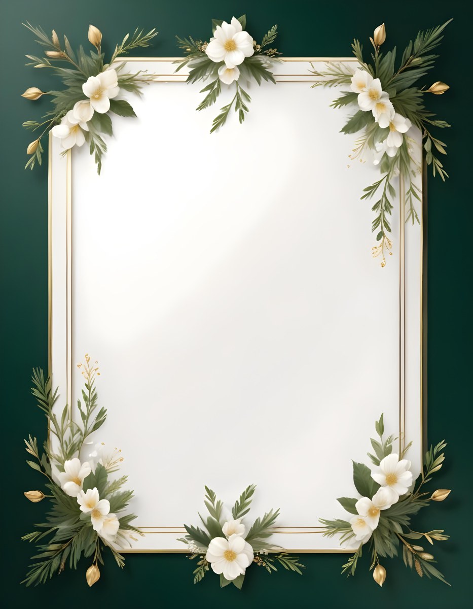 A Decorative Frame With Floral Elements Including White Flowers Pine Branches And Golden Accents Against A Dark Green Background 69 0e22