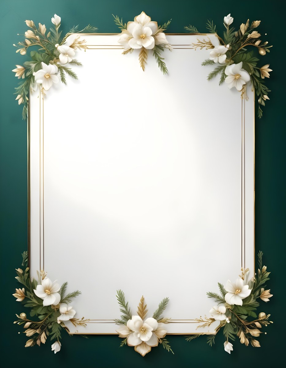 A Decorative Frame With Floral Elements Including White Flowers Pine Branches And Golden Accents Against A Dark Green Background 70 C5f1