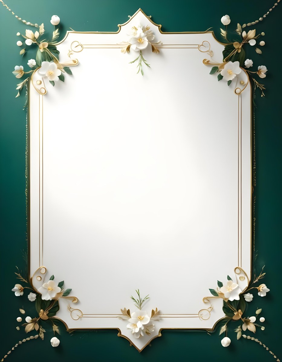 A Decorative Frame With Floral Elements Including White Flowers Pine Branches And Golden Accents Against A Dark Green Background 71 9b35