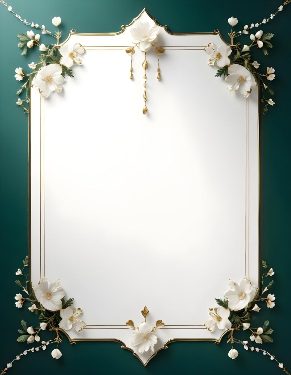 A Decorative Frame With Floral Elements Including White Flowers Pine Branches And Golden Accents Against A Dark Green Background 72 E579