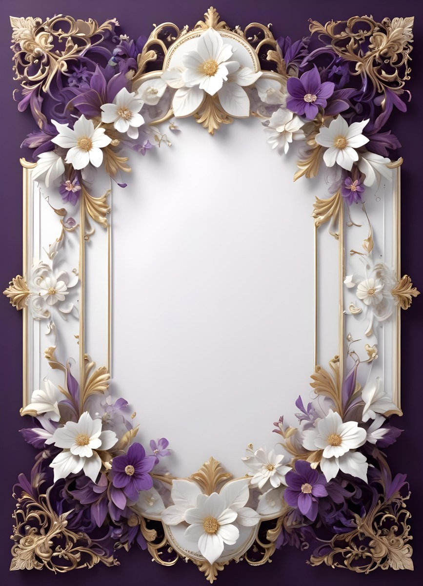 A Decorative Frame With Intricate Floral Patterns And Ornate Designs In Shades Of White Gold And Purple The Frame Features A Central White Flower Surrounded By Smaller Flowers And Swirling Curving Elements The 5 39e2
