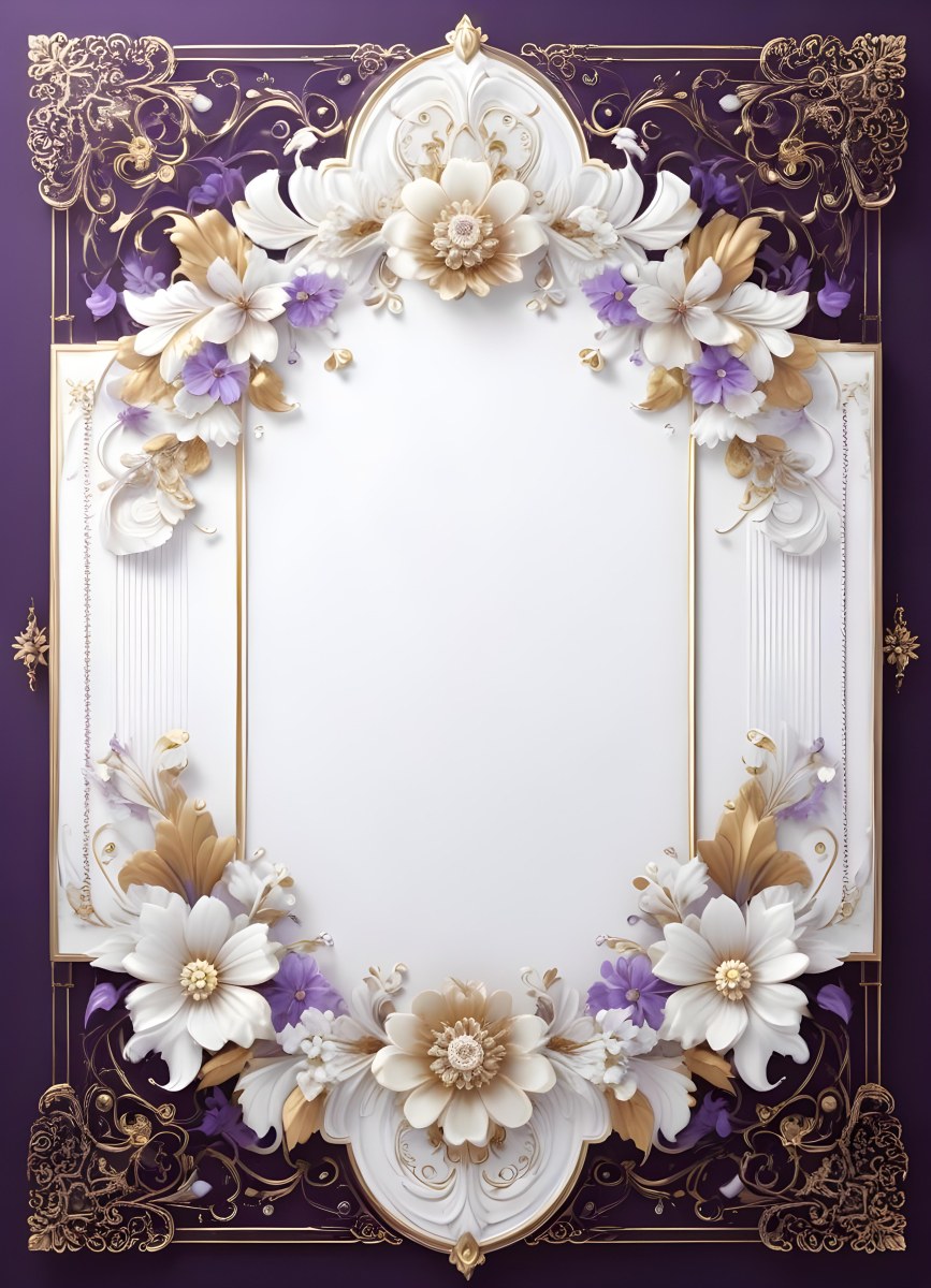 A Decorative Frame With Intricate Floral Patterns And Ornate Designs In Shades Of White Gold And Purple The Frame Features A Central White Flower Surrounded By Smaller Flowers And Swirling Curving Elements The 6 8d51