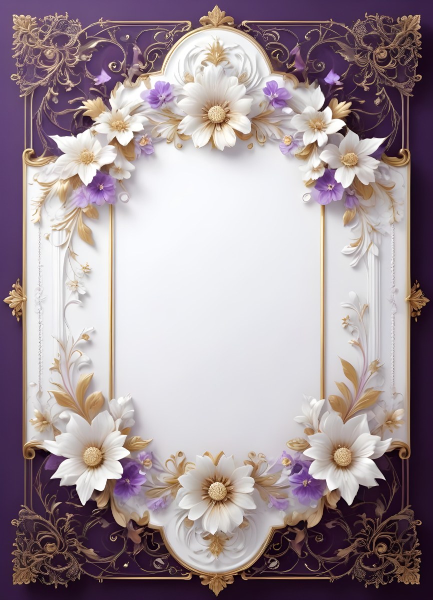 A Decorative Frame With Intricate Floral Patterns And Ornate Designs In Shades Of White Gold And Purple The Frame Features A Central White Flower Surrounded By Smaller Flowers And Swirling Curving Elements The 7 9e26