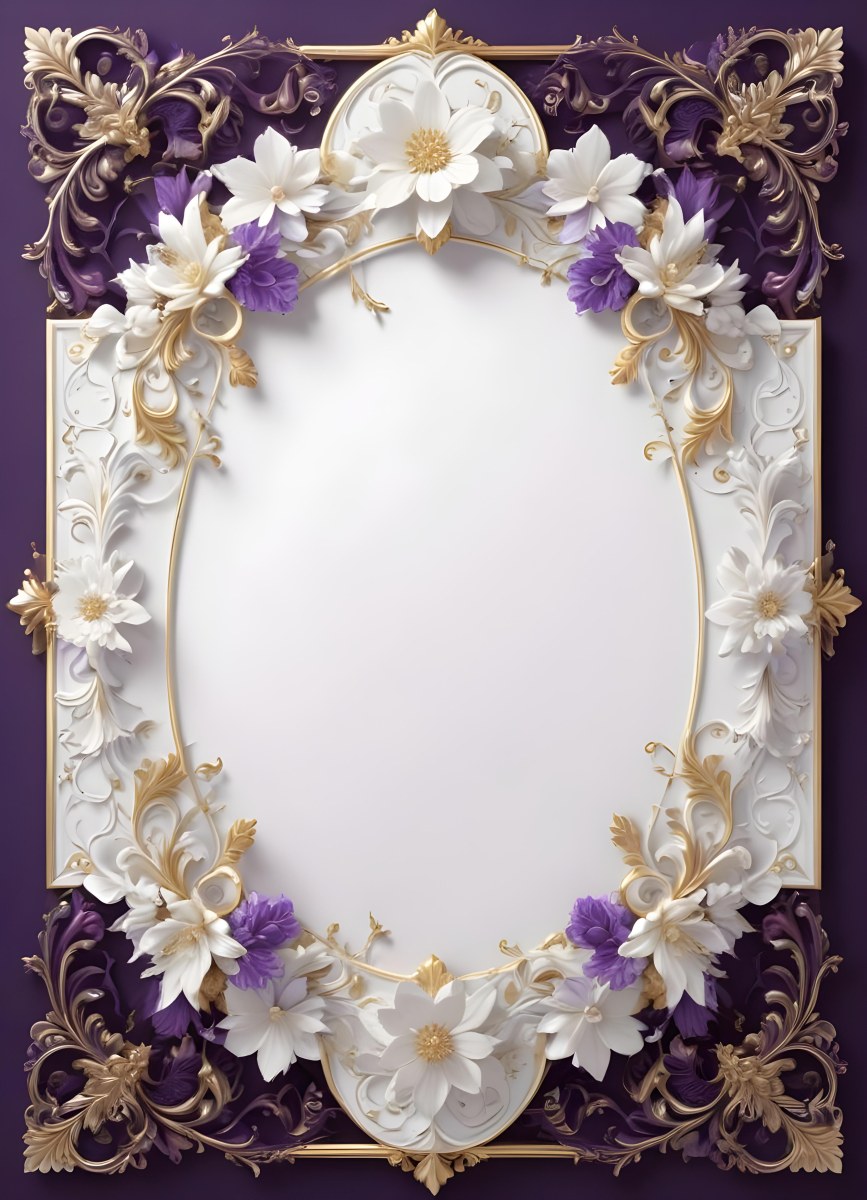 A Decorative Frame With Intricate Floral Patterns And Ornate Designs In Shades Of White Gold And Purple The Frame Features A Central White Flower Surrounded By Smaller Flowers And Swirling Curving Elements The 8 473d