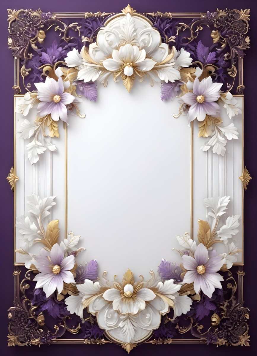 A Decorative Frame With Intricate Floral Patterns And Ornate Designs In Shades Of White Gold And Purple The Frame Features A Central White Flower Surrounded By Smaller Flowers And Swirling Curving Elements The 9 99a5