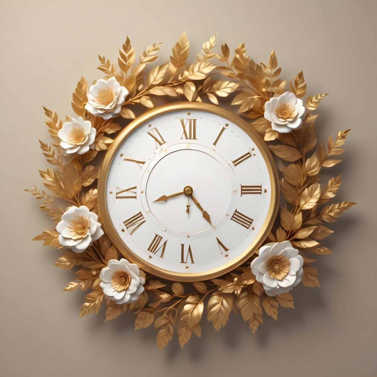 A Decorative Golden Wreath With Leaves And Flowers Surrounding A White Clock Face With Golden Accents 1 6e8e