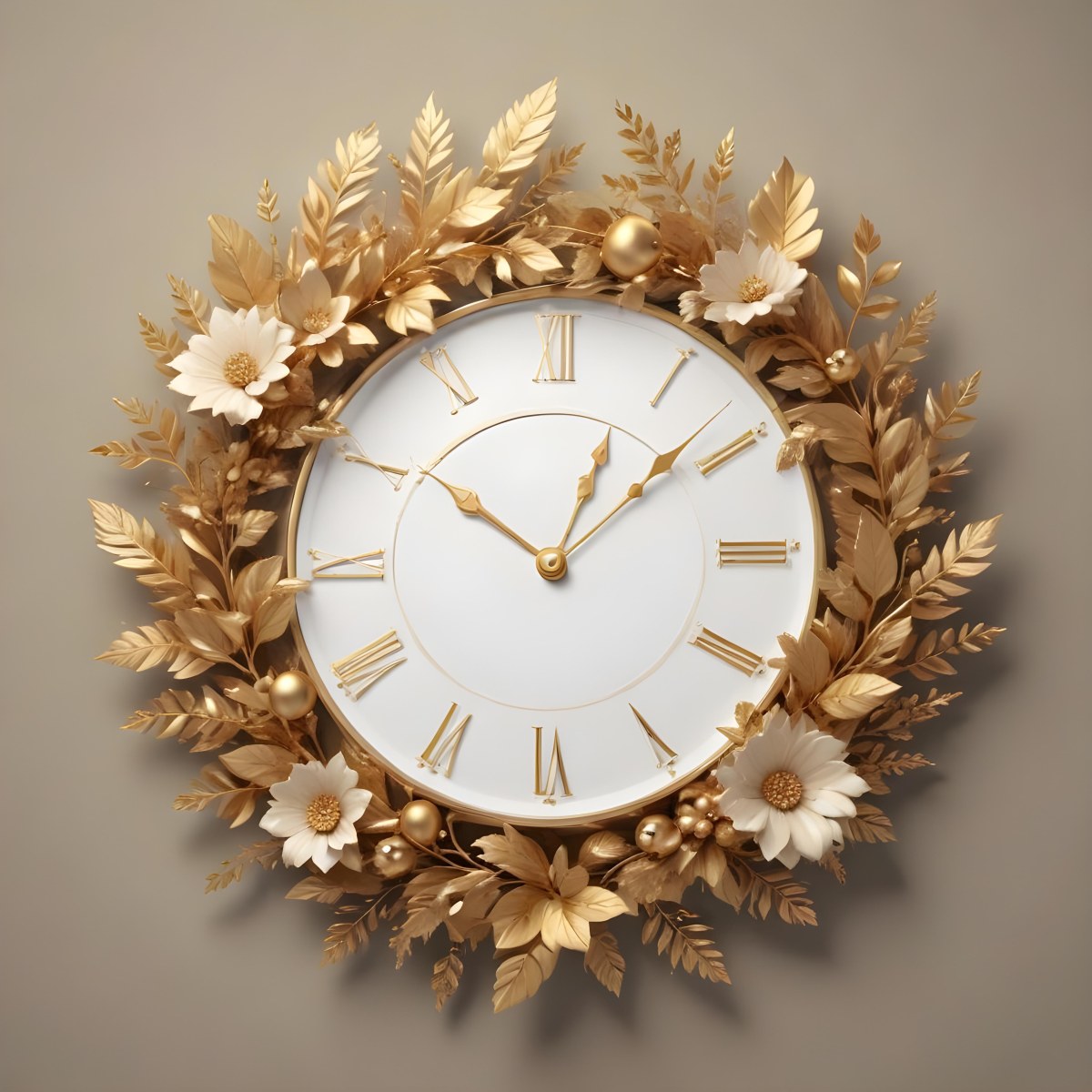 A Decorative Golden Wreath With Leaves And Flowers Surrounding A White Clock Face With Golden Accents 10 5a39