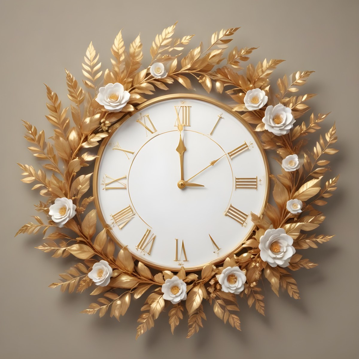 A Decorative Golden Wreath With Leaves And Flowers Surrounding A White Clock Face With Golden Accents 11 Bdb2