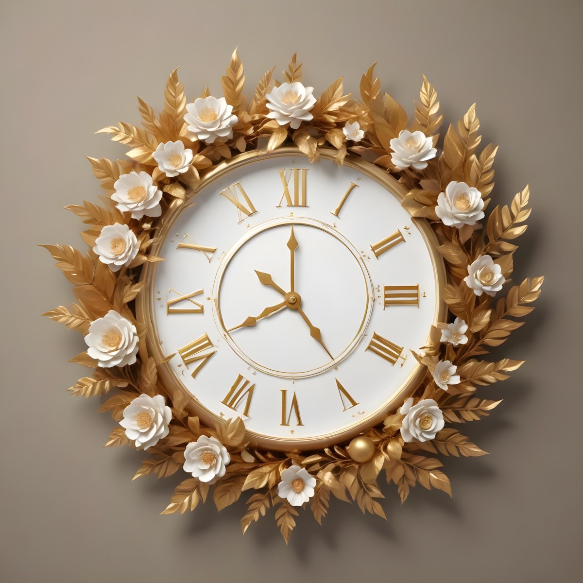 A Decorative Golden Wreath With Leaves And Flowers Surrounding A White Clock Face With Golden Accents 12 8486