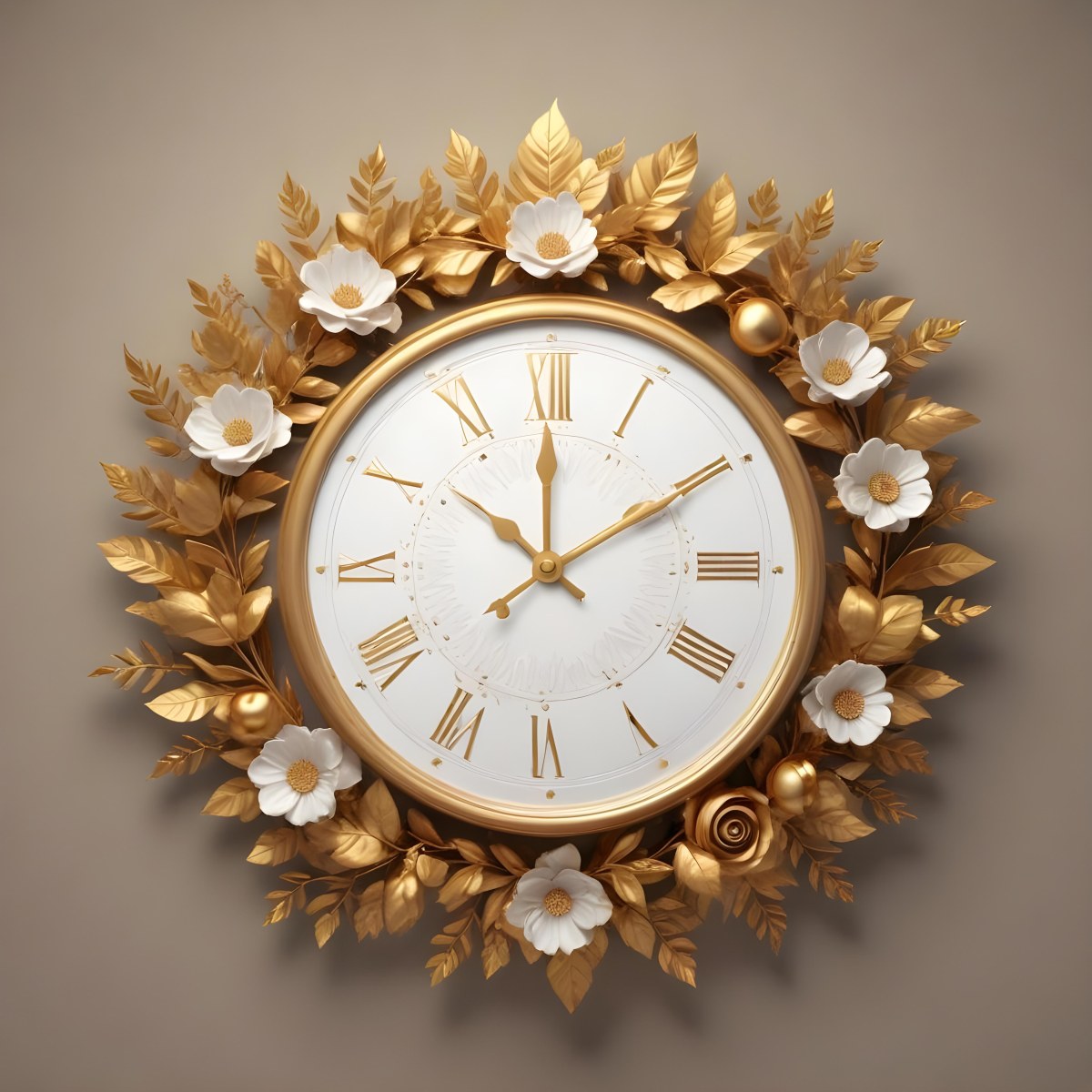A Decorative Golden Wreath With Leaves And Flowers Surrounding A White Clock Face With Golden Accents 13 B931