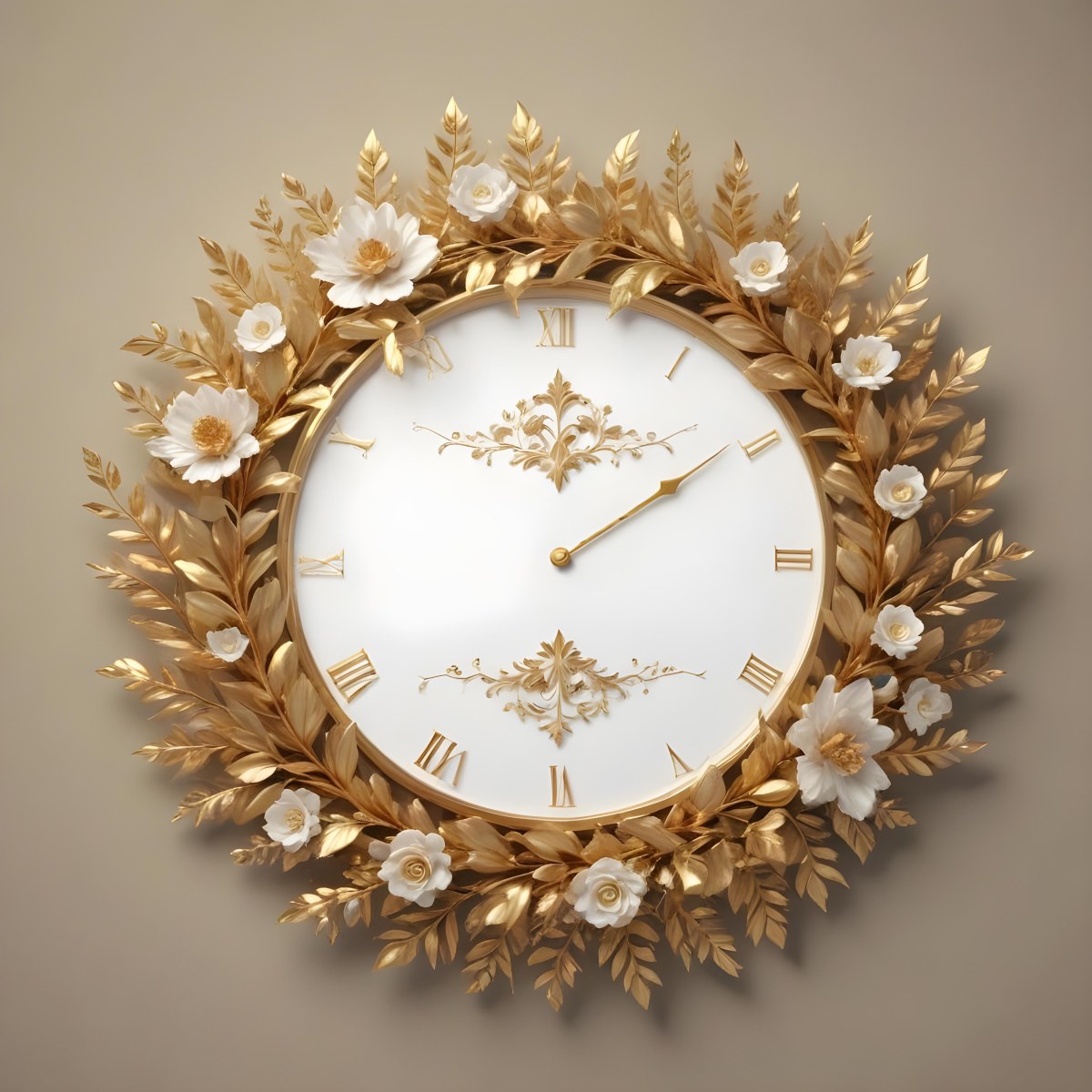 A Decorative Golden Wreath With Leaves And Flowers Surrounding A White Clock Face With Golden Accents 16 6cbb