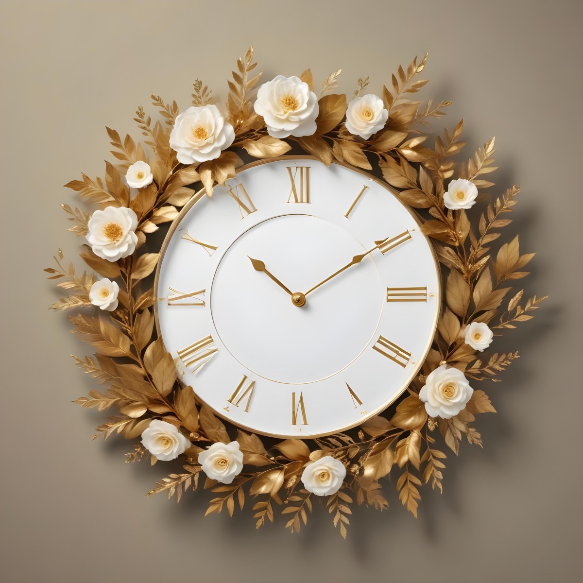 A Decorative Golden Wreath With Leaves And Flowers Surrounding A White Clock Face With Golden Accents 17 86ab