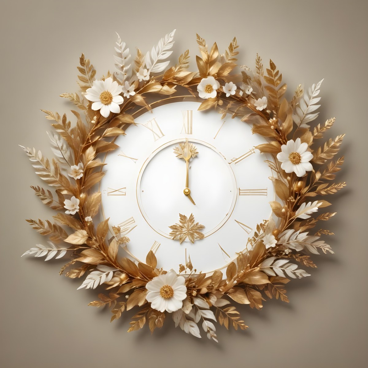 A Decorative Golden Wreath With Leaves And Flowers Surrounding A White Clock Face With Golden Accents 18 6345