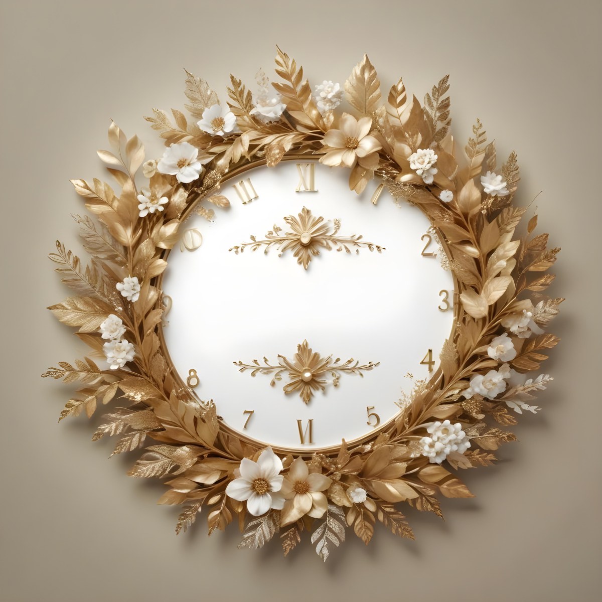 A Decorative Golden Wreath With Leaves And Flowers Surrounding A White Clock Face With Golden Accents 20 73d2