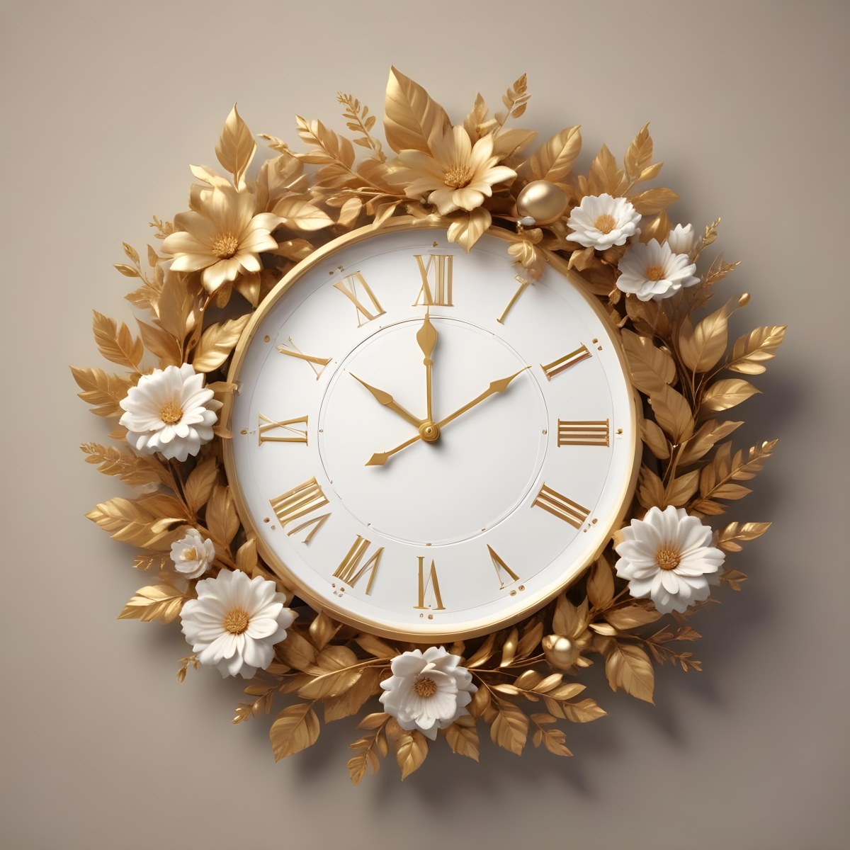 A Decorative Golden Wreath With Leaves And Flowers Surrounding A White Clock Face With Golden Accents 6 C963