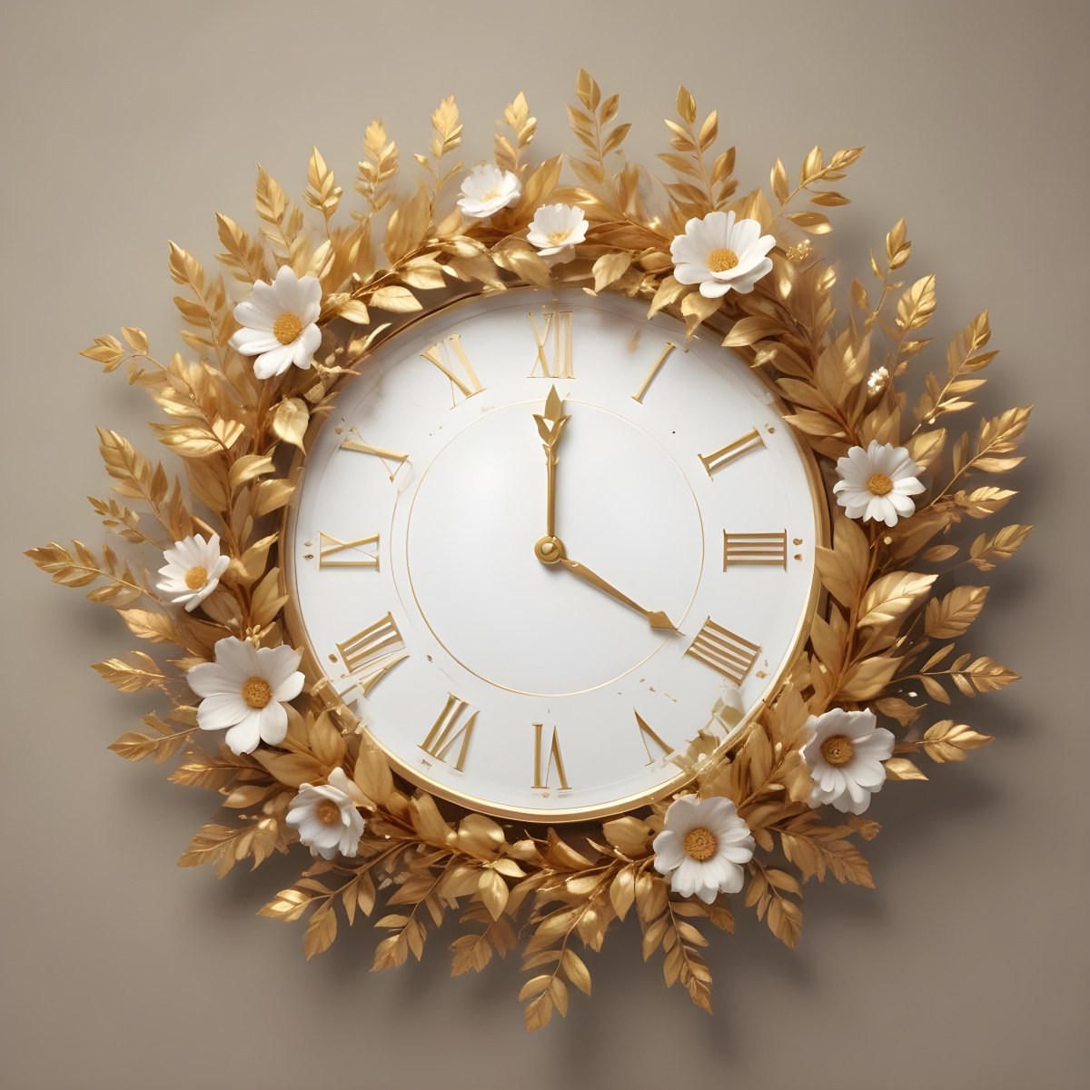 A Decorative Golden Wreath With Leaves And Flowers Surrounding A White Clock Face With Golden Accents 8 9890