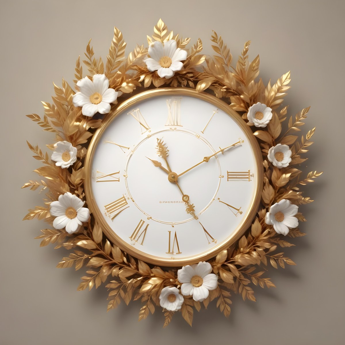 A Decorative Golden Wreath With Leaves And Flowers Surrounding A White Clock Face With Golden Accents 9 8c1f