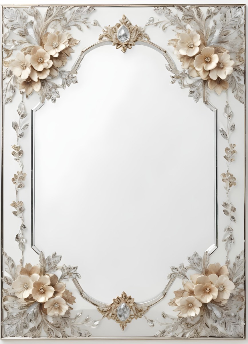 A Decorative Mirror Frame With Floral And Crystal Embellishments Set Against A Light Background 78 0012