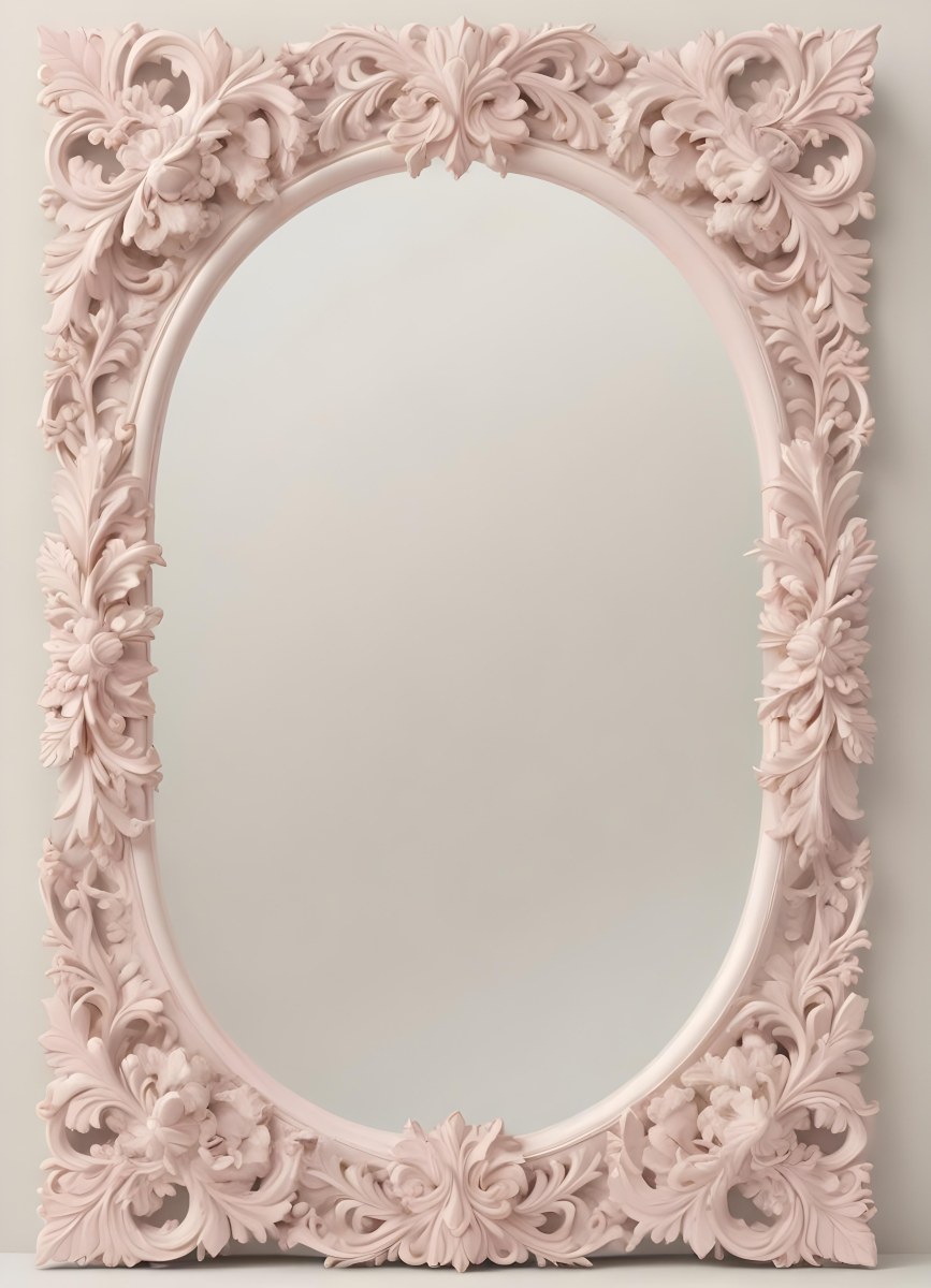 A Decorative Oval Mirror Frame With A Floral And Leaf Pattern In A Light Pink And Beige Color Scheme 39 E7f6