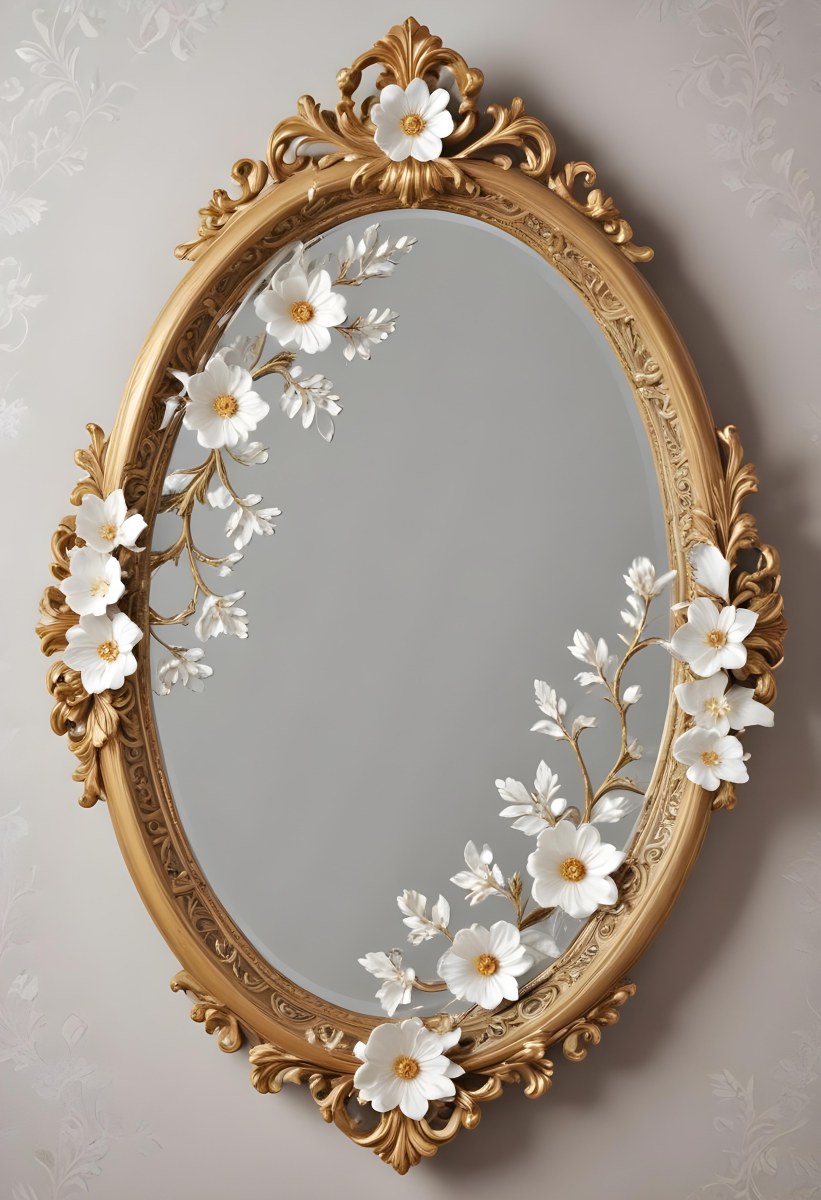 A Decorative Oval Mirror Frame With A Golden Ornate Design And White Flowers Around The Edges 11 A44d