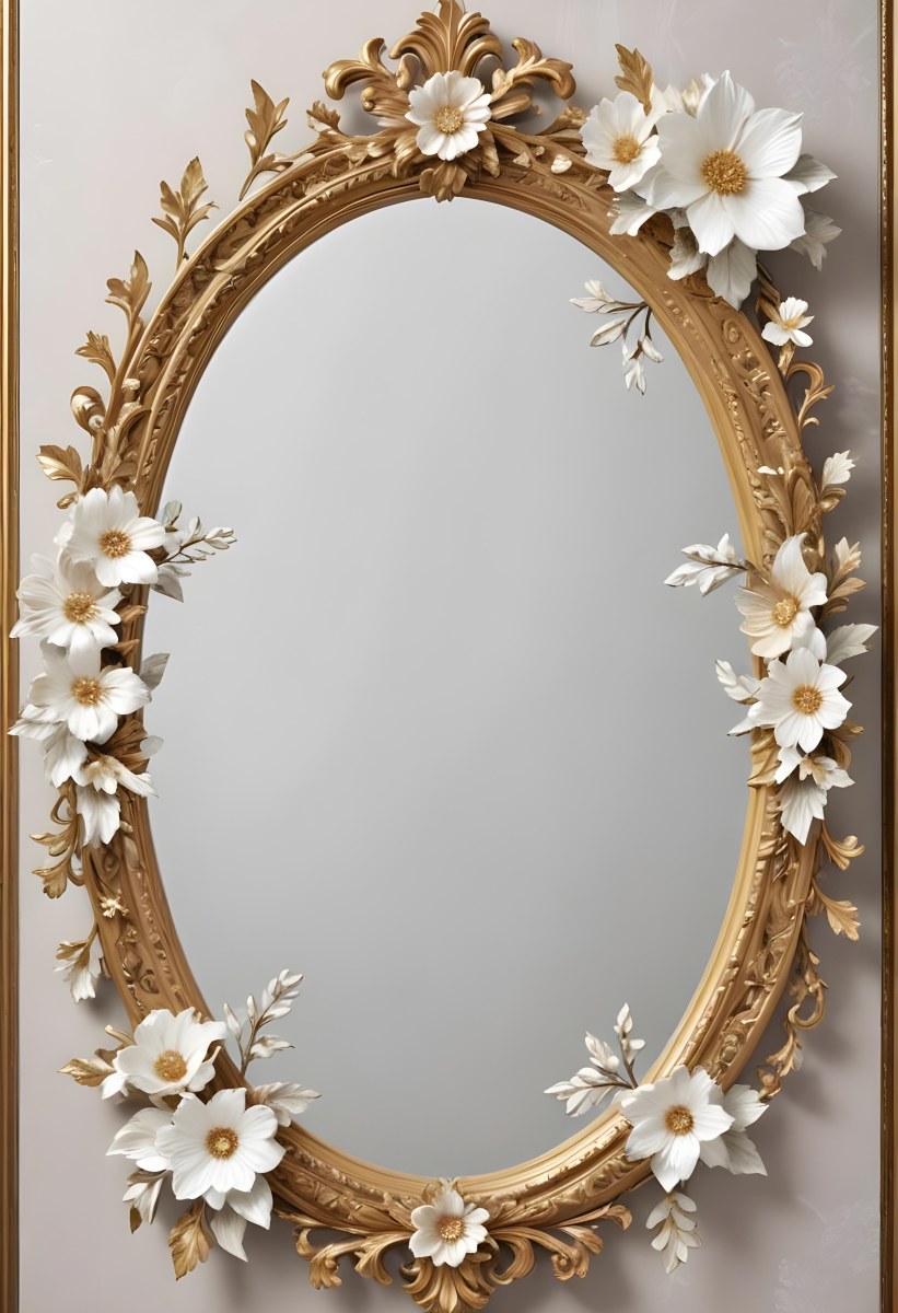A Decorative Oval Mirror Frame With A Golden Ornate Design And White Flowers Around The Edges 15 B18a