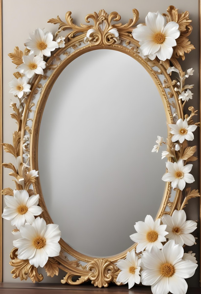 A Decorative Oval Mirror Frame With A Golden Ornate Design And White Flowers Around The Edges 16 5a6a