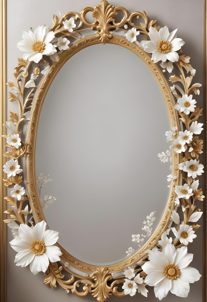A Decorative Oval Mirror Frame With A Golden Ornate Design And White Flowers Around The Edges 19 3db2