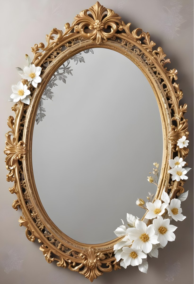 A Decorative Oval Mirror Frame With A Golden Ornate Design And White Flowers Around The Edges 2 02ee