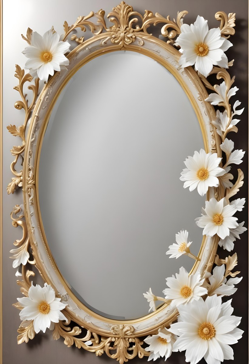 A Decorative Oval Mirror Frame With A Golden Ornate Design And White Flowers Around The Edges 20 4117