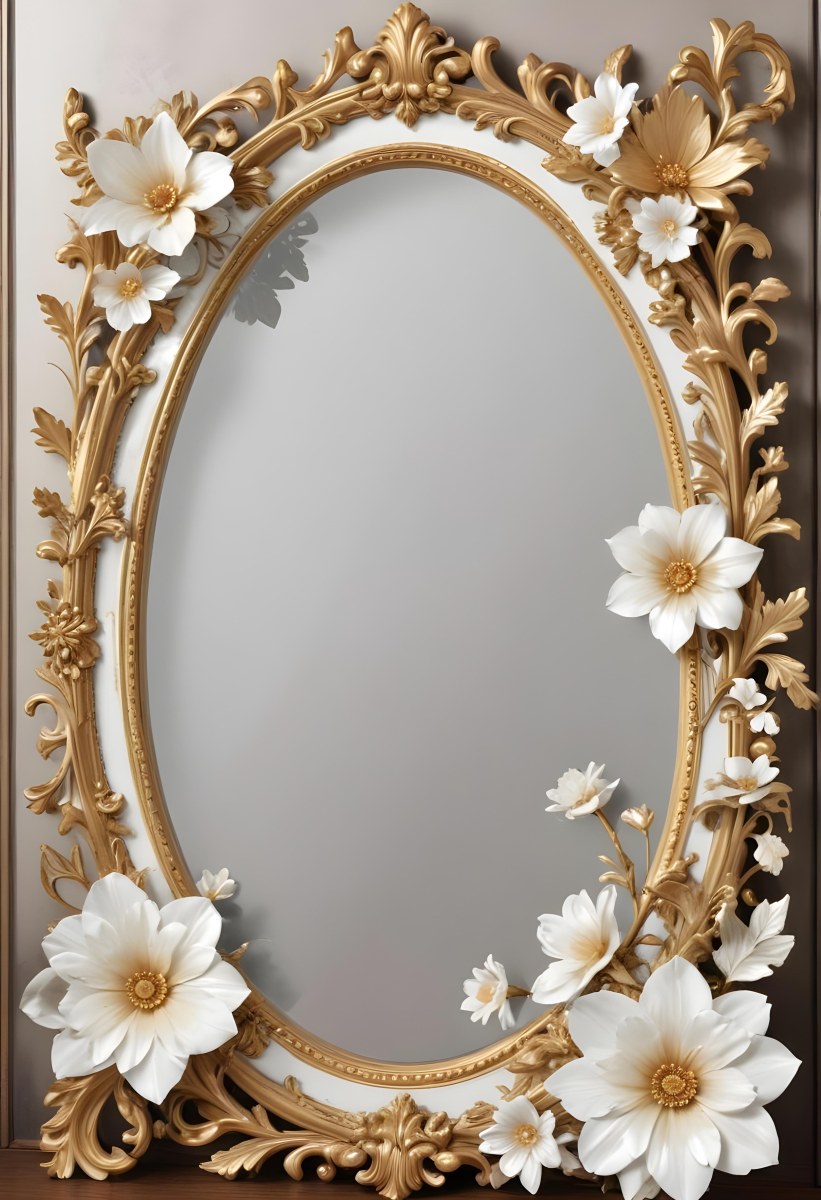 A Decorative Oval Mirror Frame With A Golden Ornate Design And White Flowers Around The Edges 21 D76f